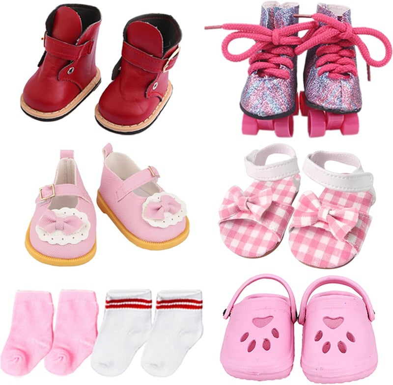 Wiydsha Store 18 inch Doll Shoes - 5 Pairs of Different Types (Boots/Roller Skates/Sandals/Clogs) + 2 Pairs of Pink/White Socks 18 in Doll Accessories 18‘’Pink American Doll Accessories - Image 1